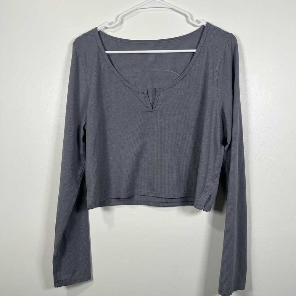Lululemon Womens Wundermost Ribbed Long Sleeve Cropped Split Neck Top Grey 12